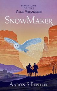 The cover of SnowMaker. A white owl flies past two cowboys holding hands. It leaves a mysterious trail of snowflakes behind it.